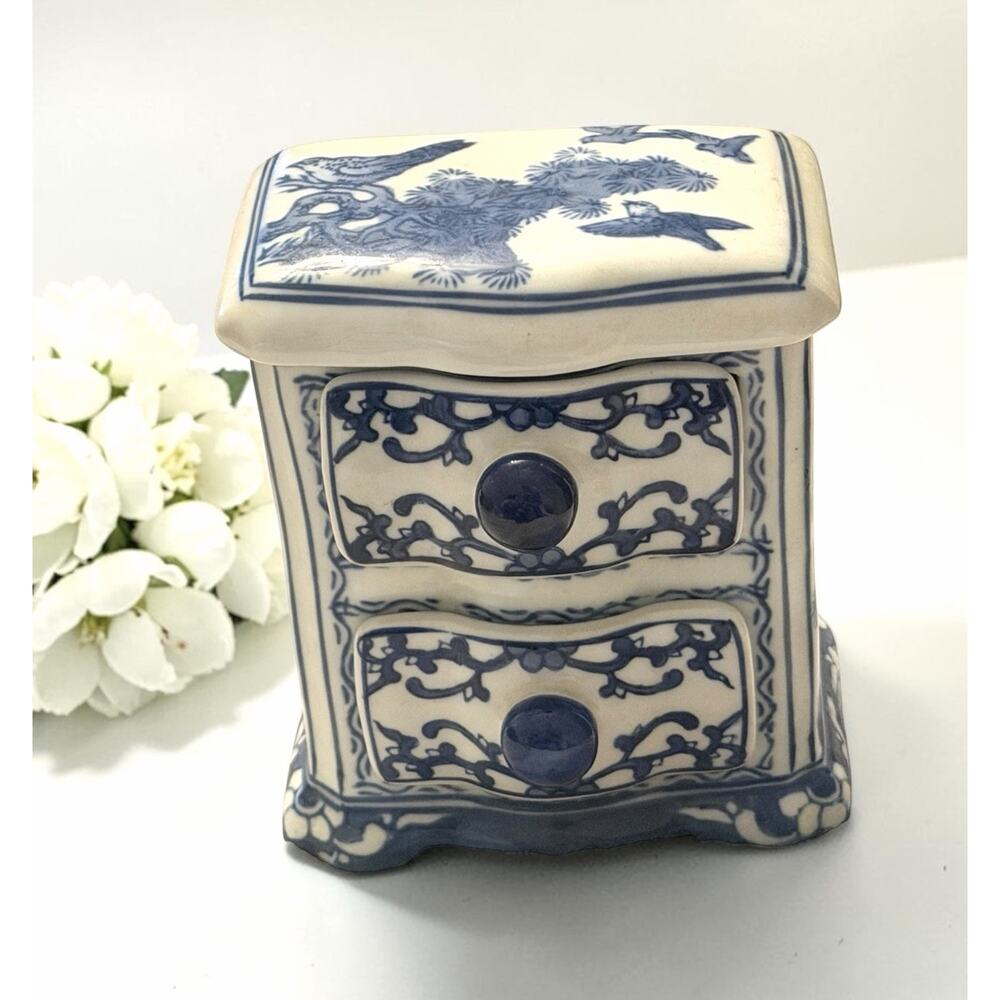 Blue and White Ceramic Jewelry Organizer Box - 2-Drawer
